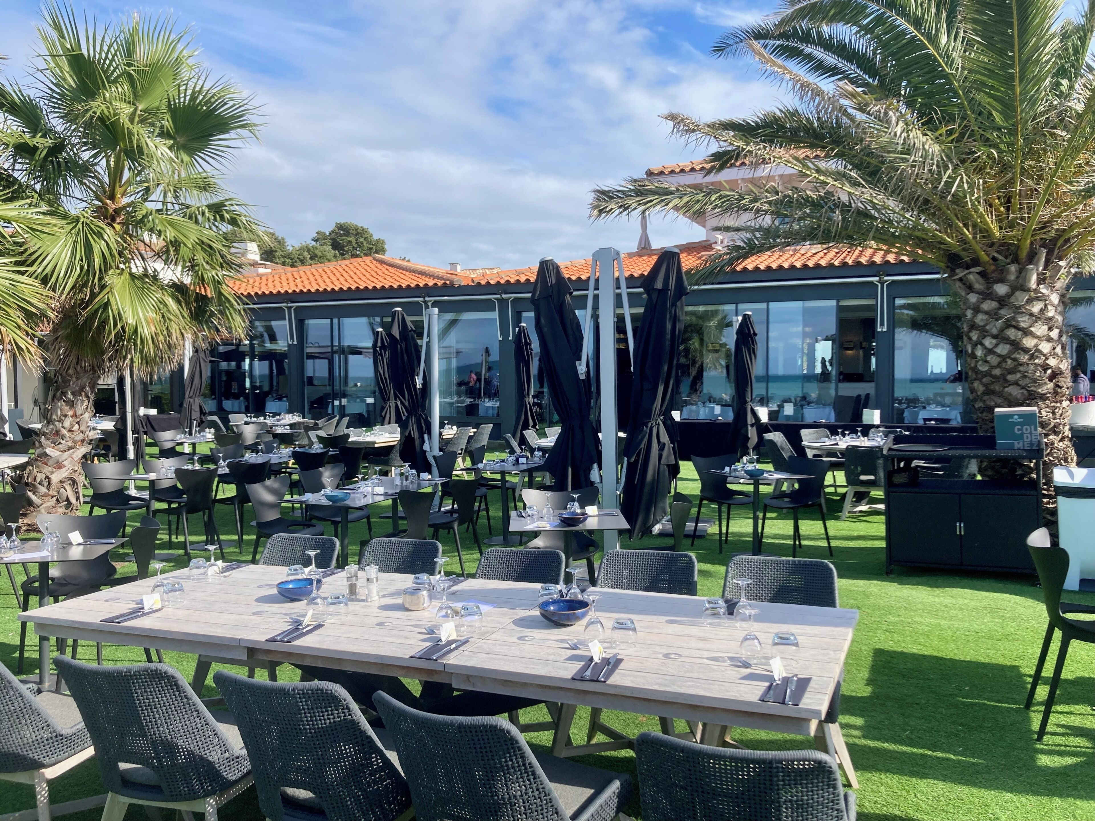 Un  área de comedor al aire libre con mesas y sillas, palmeras y un edificio con techo de tejas al fondo.