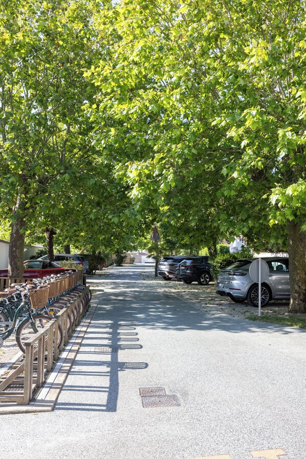 A tree-lined street with parked bicycles and cars. - HR Hôtel & Spa Marin (La Flotte)