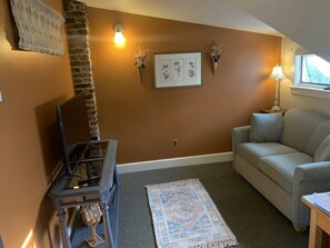 Een televisie, een open haard en boeken