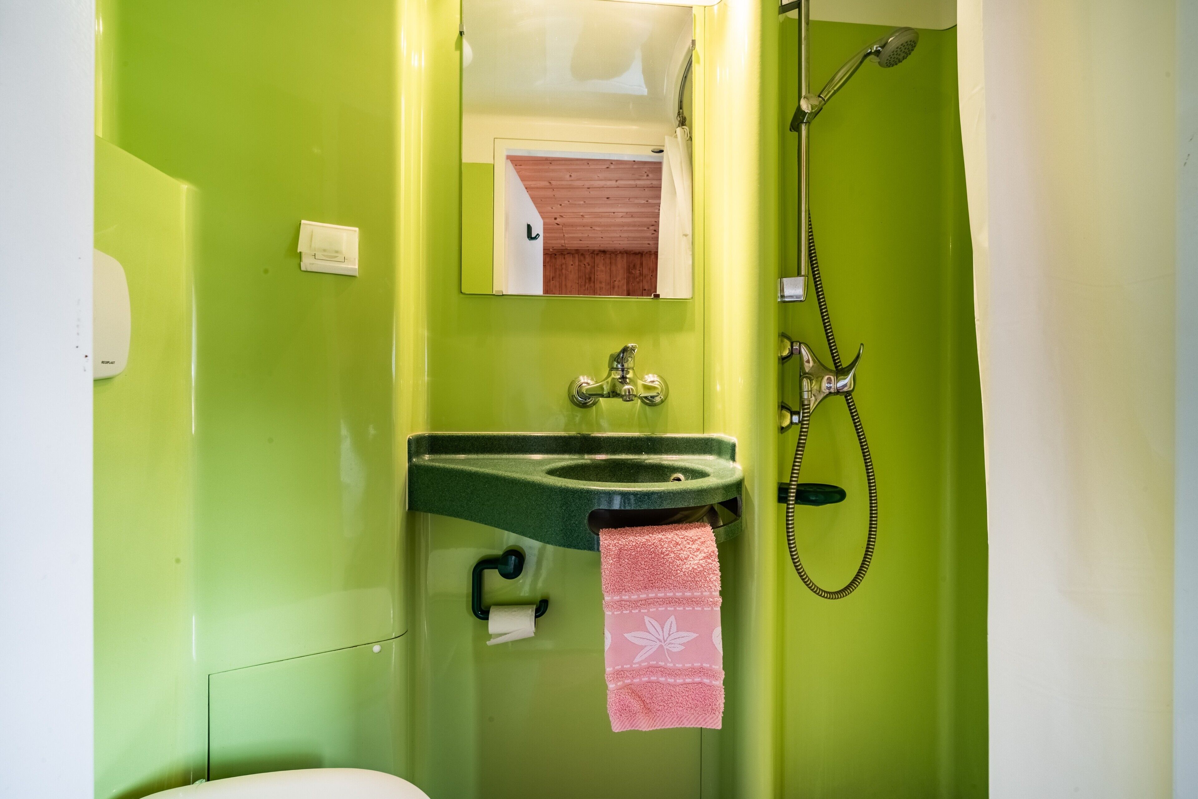 Een badkamer met een groene wastafel, een spiegel, een douche en een toilet.