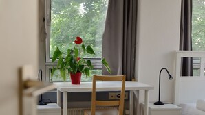 Una habitación con una silla de madera, un escritorio blanco, una planta en maceta y un radiador.