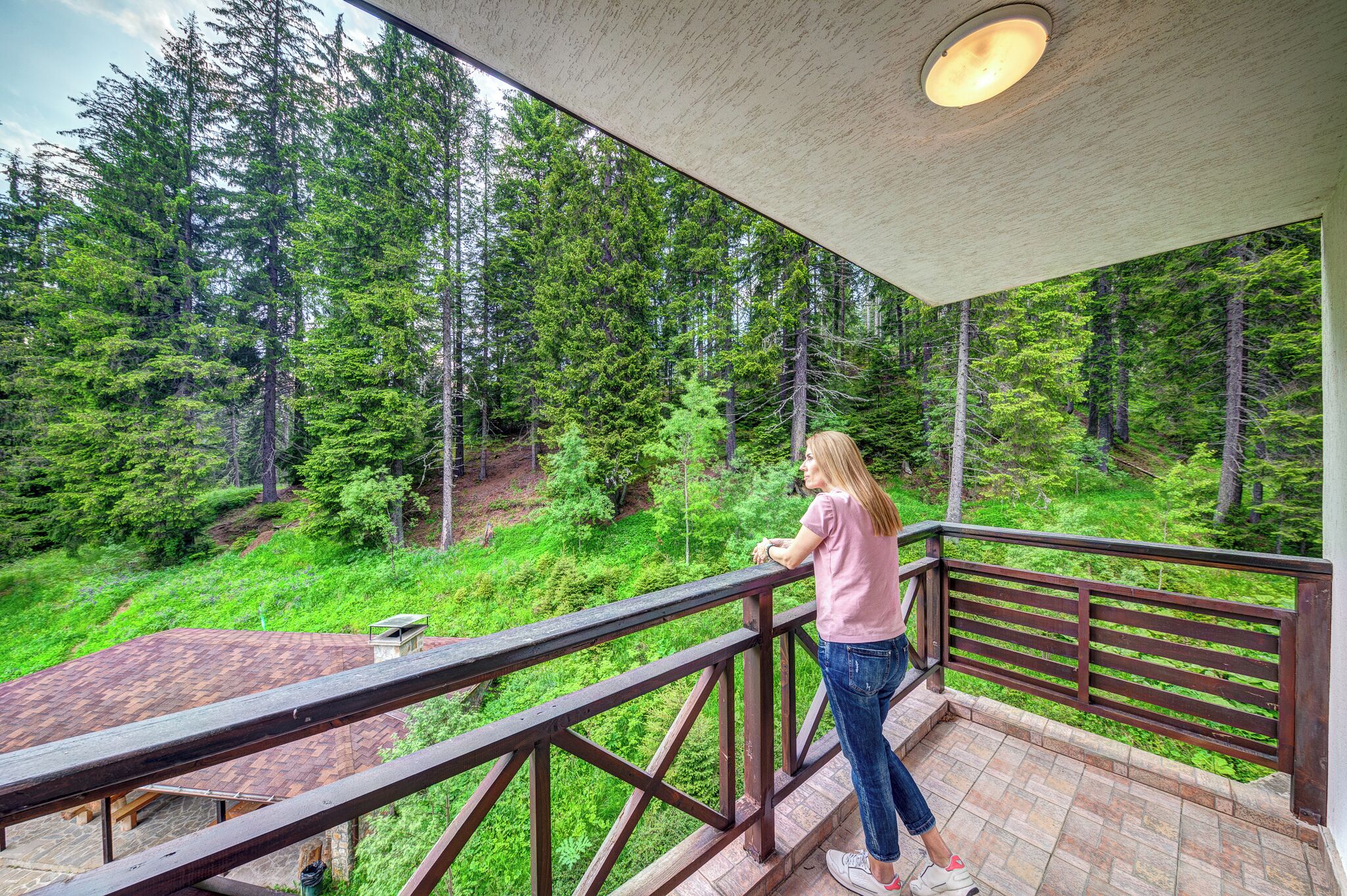 A balcony with a view of a forested area.