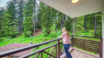 A balcony with a view of a forested area.