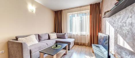 A modern living room with a grey sofa, a coffee table, a TV on a stand, and a window with curtains.
