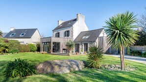 Une maison moderne avec une grande pelouse, un jardin de rocaille et un palmier.
