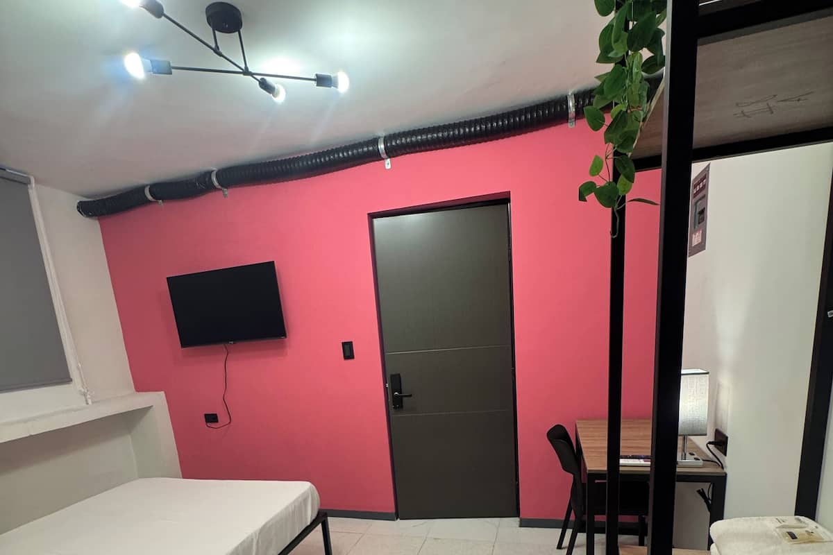 A room with a bed, a desk, a chair, a TV, and a door.