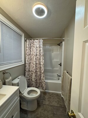 Hair dryer, towels, soap, toilet paper