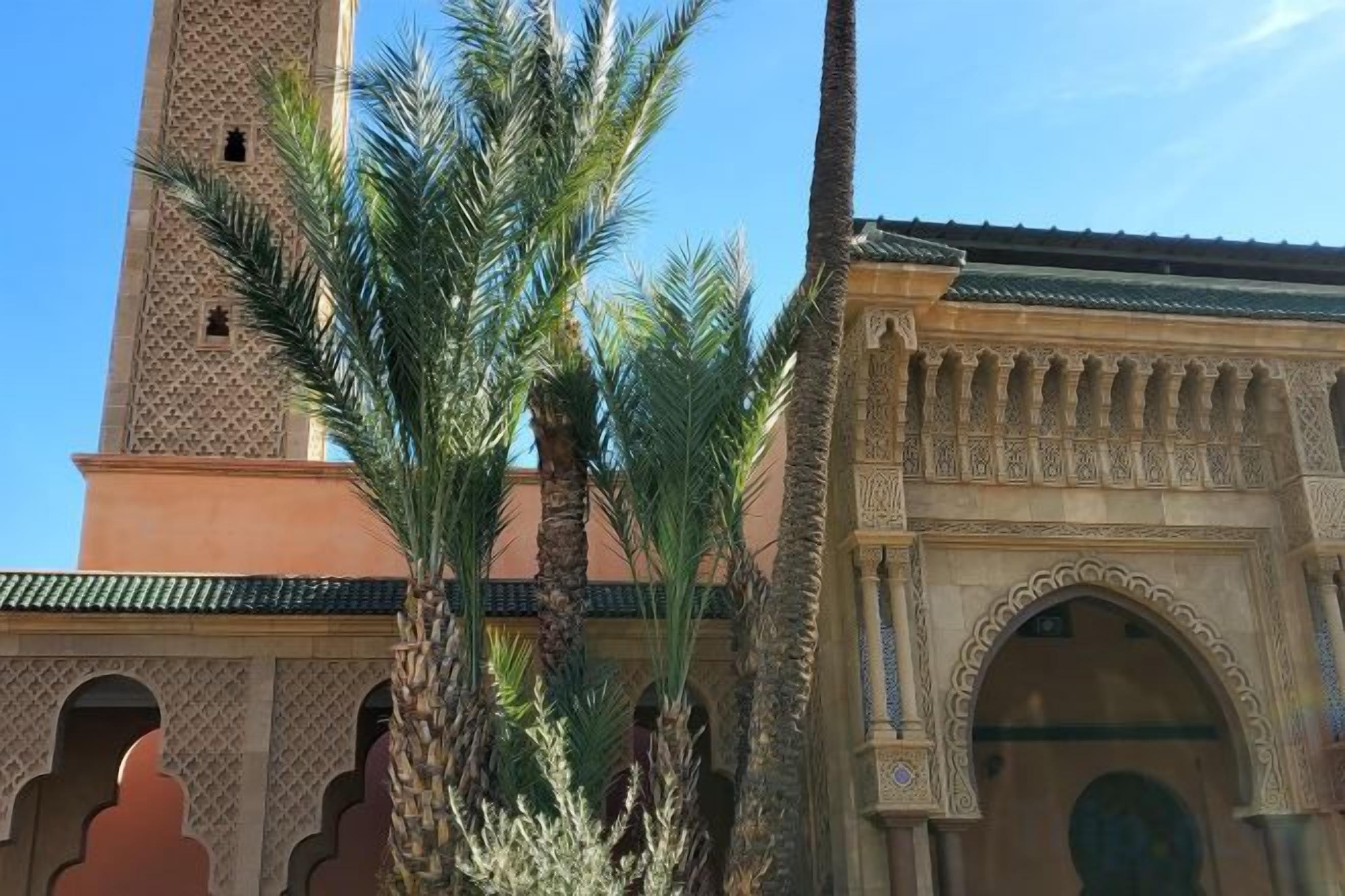 A building with arches and a tower, palm trees in front, and clear blue sky.