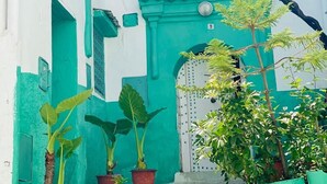 A white building with teal accents and a staircase leading to a door. There are potted plants in front of the building. - Dar diafa Jennane (Zoumi)