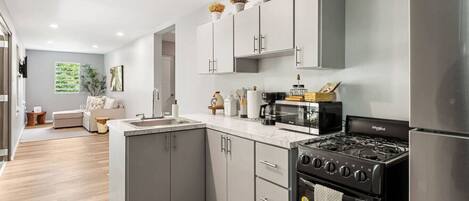 Fridge, microwave, stovetop, coffee/tea maker