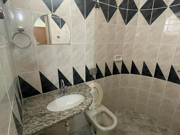 A bathroom with a sink, toilet, and mirror.
