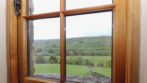 A window with a view of a green landscape and stone wall. - Nick Jone (Richmond)