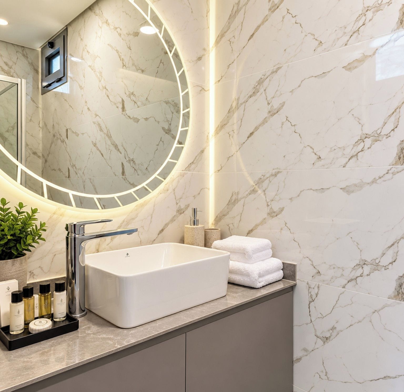 Un baño moderno con un espejo grande, un lavabo rectangular y una encimera con artículos de aseo.