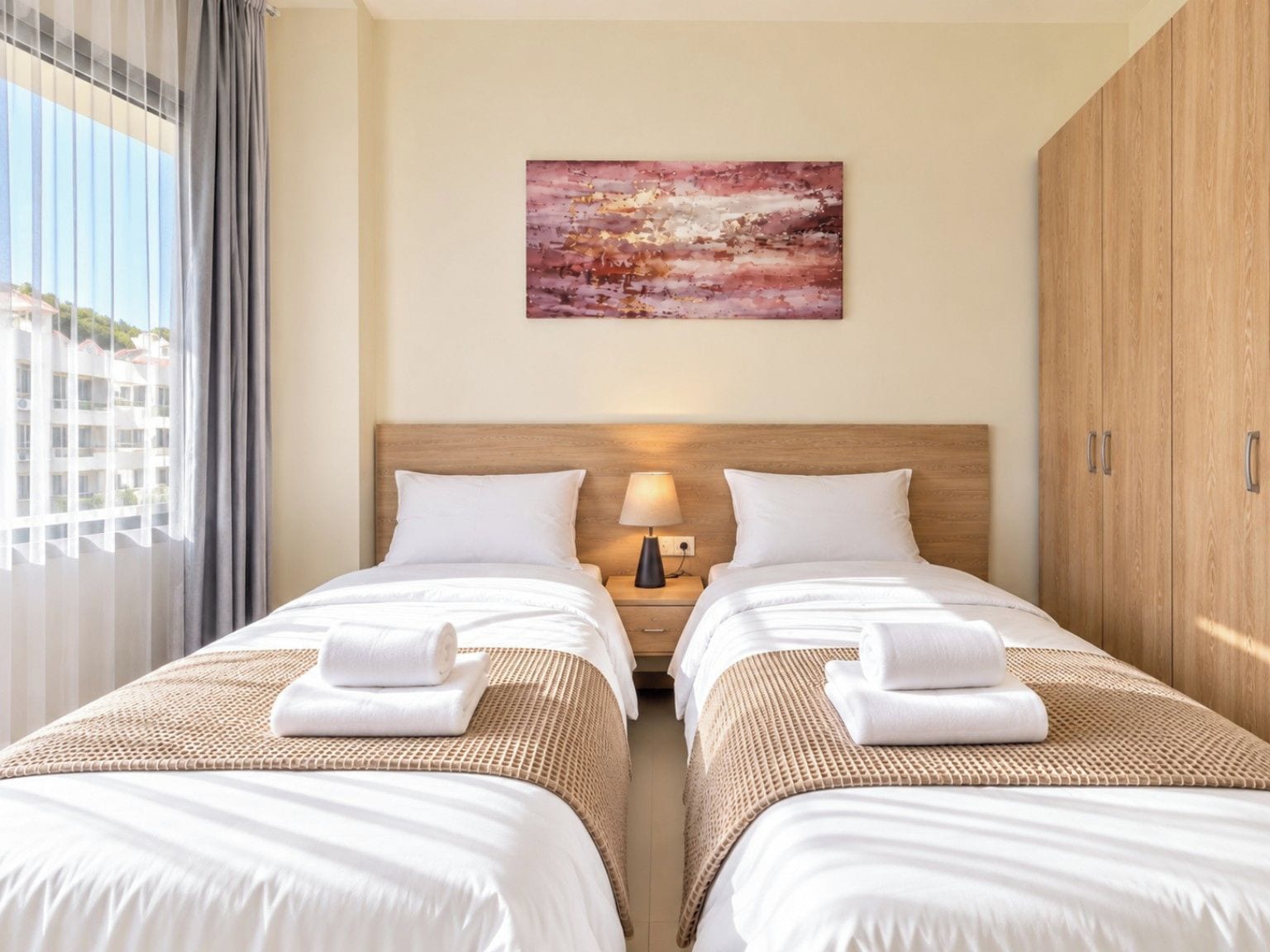 A hotel room with two beds, a nightstand with a lamp, a painting on the wall, and a view of buildings through the window.