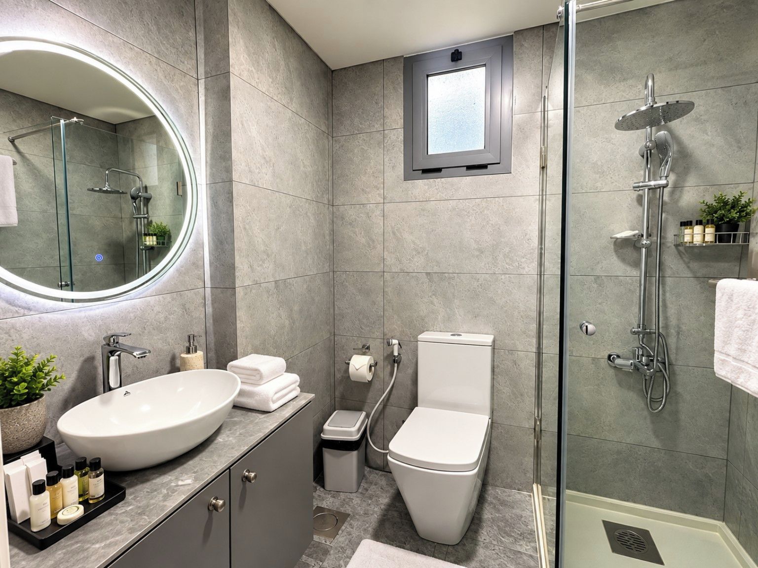 Un bagno moderno con uno specchio rotondo, un lavandino, un WC e una cabina doccia.