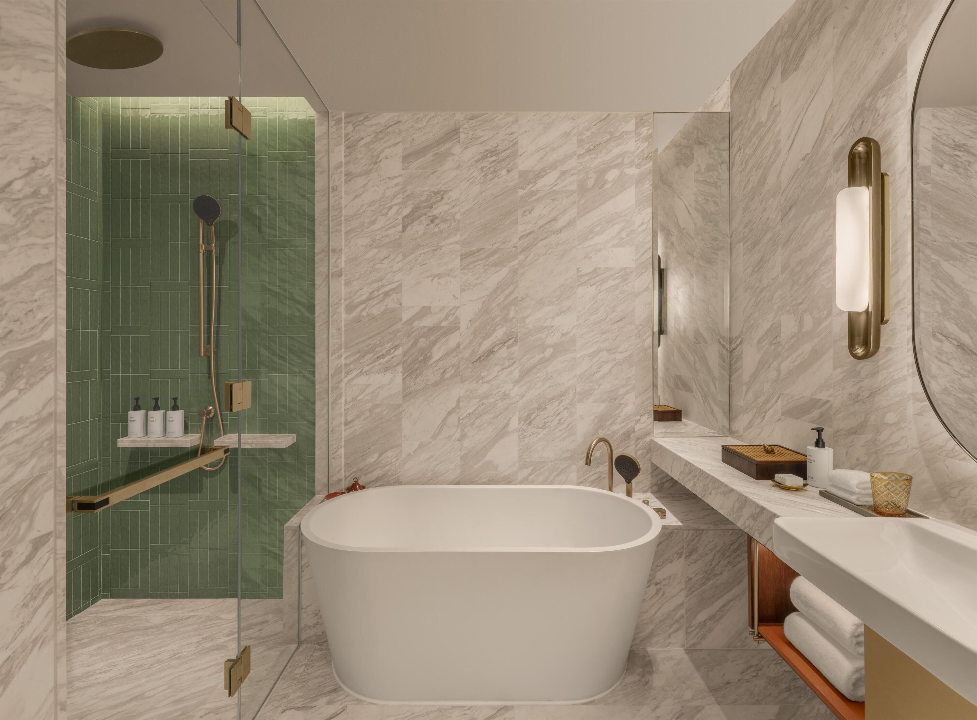 Designer toiletries, hair dryer, bathrobes, slippers