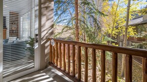 A wooden balcony with a view of trees and a house in the background. - Walk to Skiing, Dining and Downtown (Ketchum)