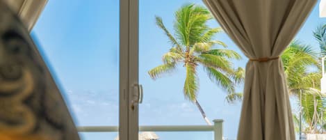 Vista desde una ventana con cortinas, mostrando una palmera y una playa con muelle de madera.