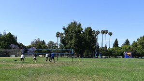 A park with a volleyball net, trees, and a playground. - Private In-Law Suite with Kitchenette in Sunnyvale next to Park (Sunnyvale)