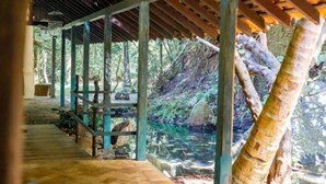 A covered walkway with a view of a naturalistic pond and surrounding vegetation. - Sama Retreats (Galle)