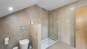 A modern bathroom with a glass-enclosed shower, a toilet, and a sink.