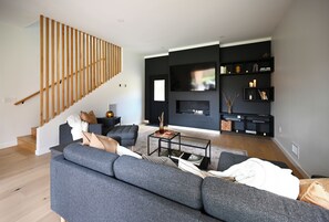 TV connectée, cheminée, livres, chaîne hi-fi