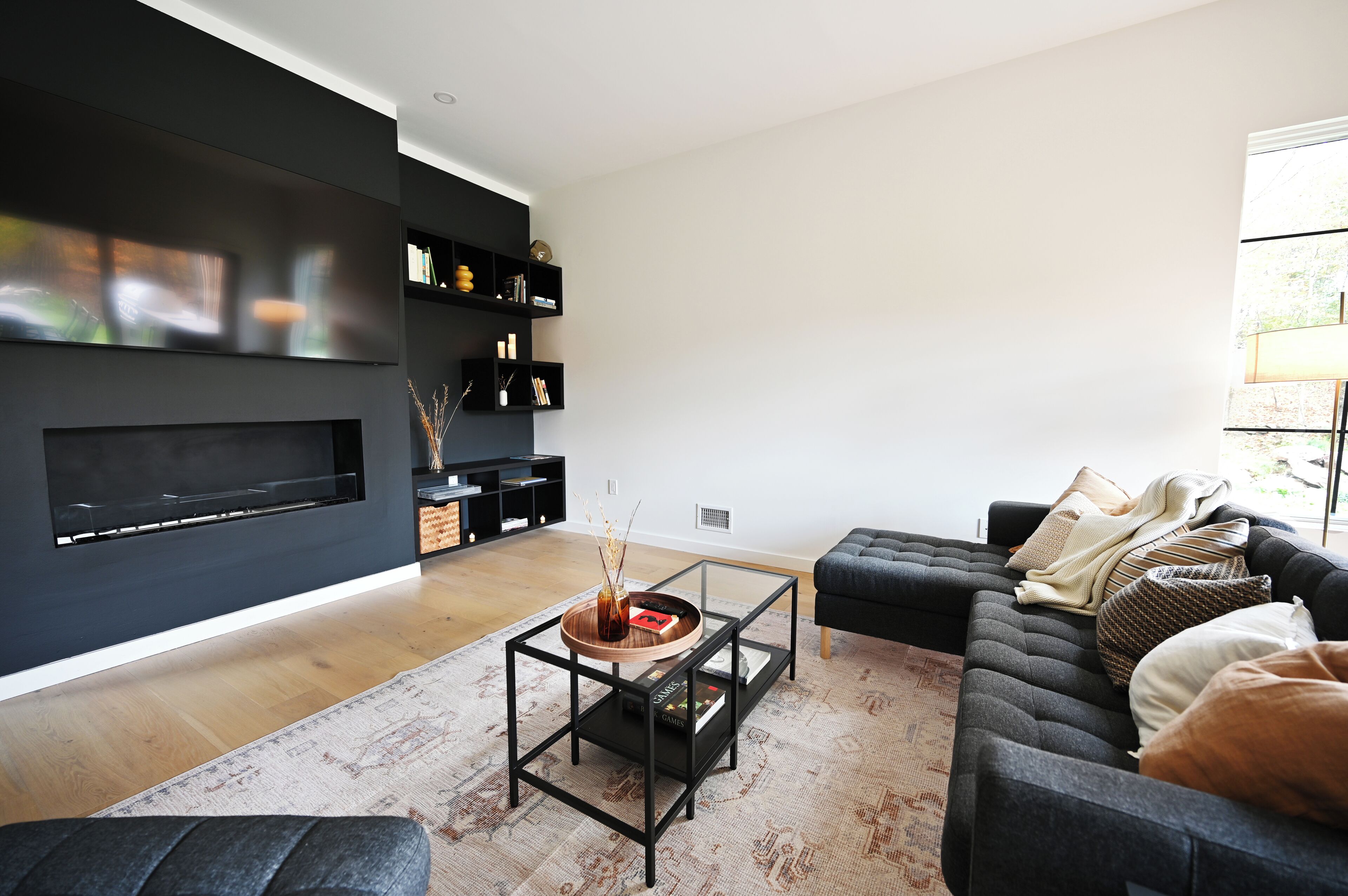 Smart TV, fireplace, books, stereo