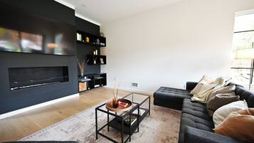 Smart TV, fireplace, books, stereo