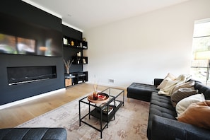 Smart TV, fireplace, books, stereo