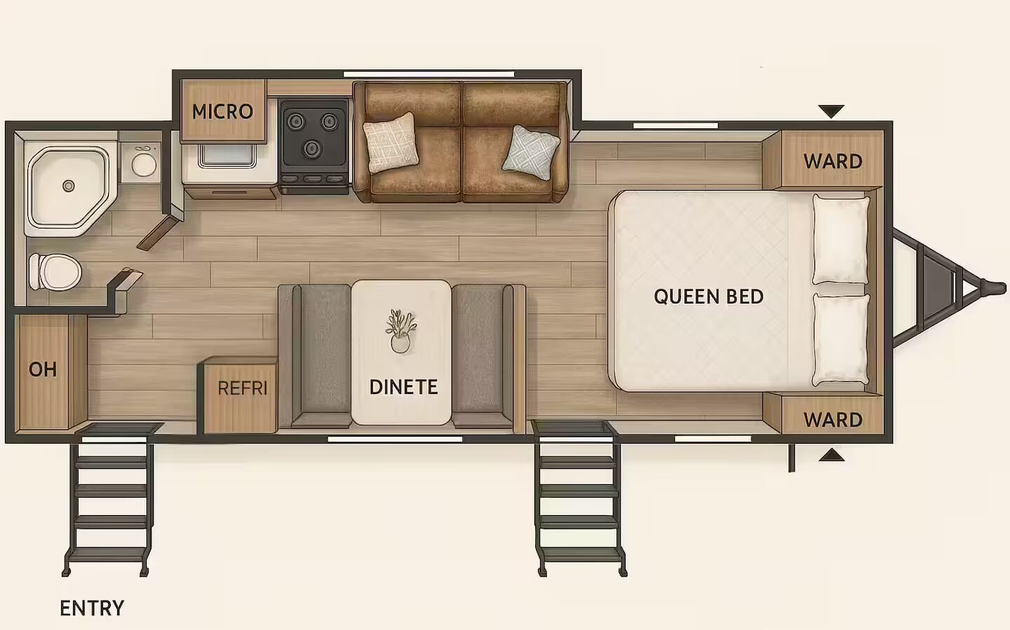 Ein Grundriss eines kompakten Wohnmobils mit Küchenzeile, Essecke, einem Queensize-Bett und einem kleinen Eingangsbereich.