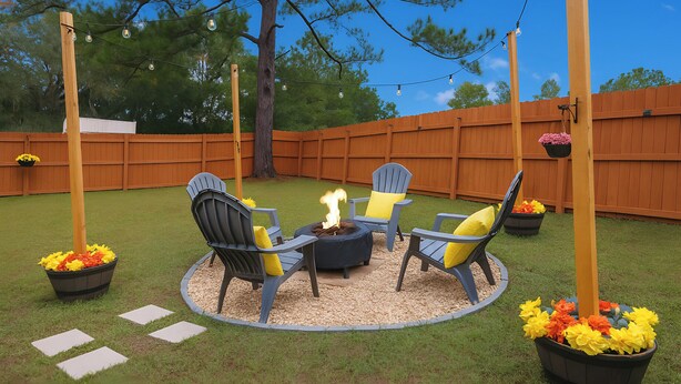 An outdoor seating area with chairs and a fire pit, surrounded by a wooden fence and potted plants.