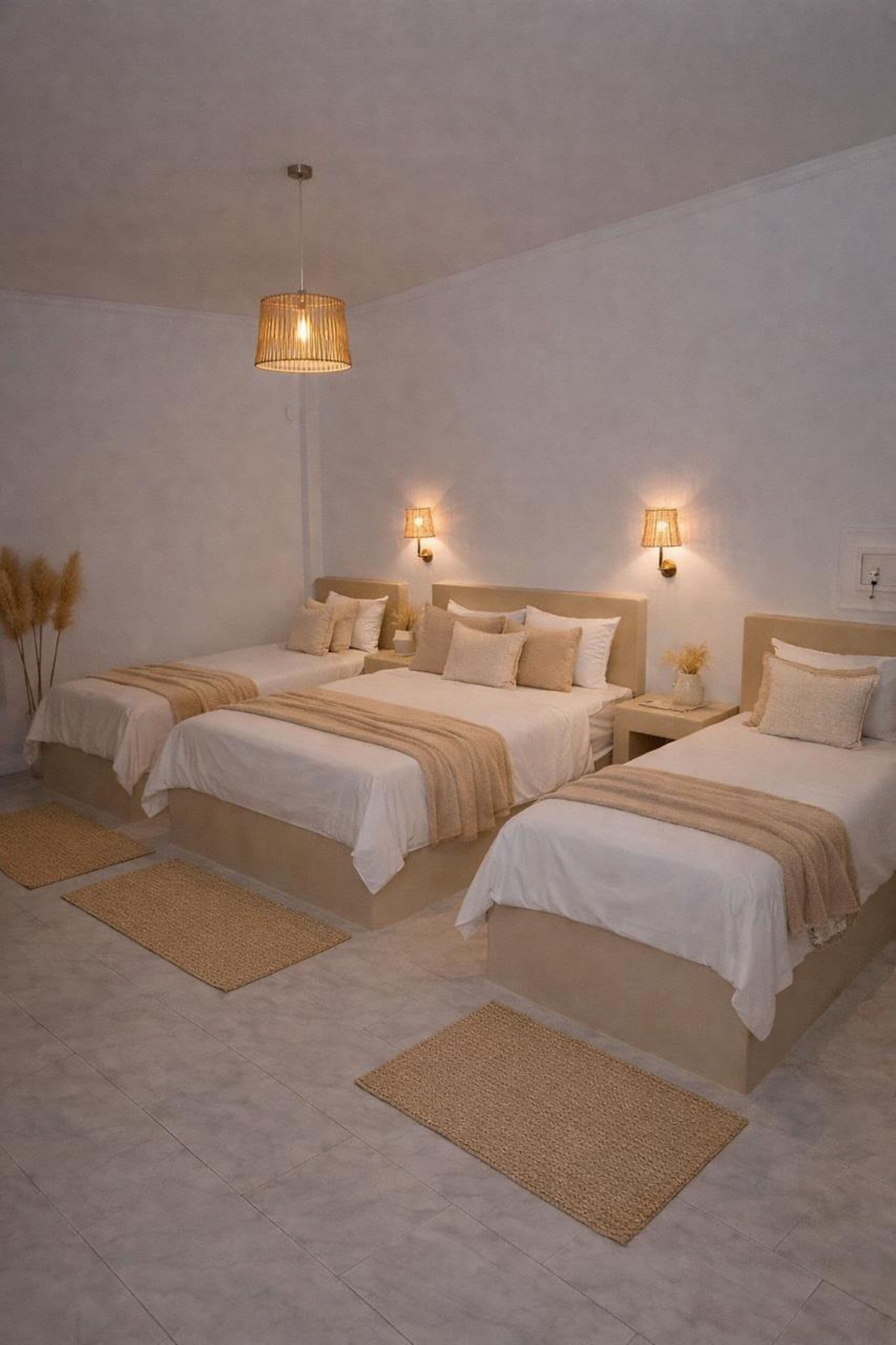 Een slaapkamer met twee bedden, een hanglamp, wandlampen en een geweven vloerkleed.