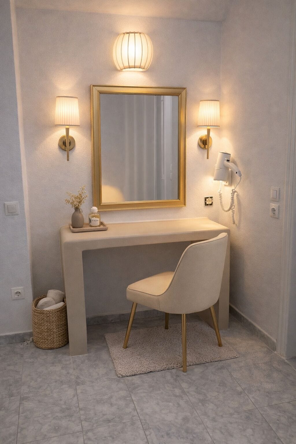 A bathroom with a vanity, a mirror, two wall-mounted lamps, a telephone, a chair, and a small basket.