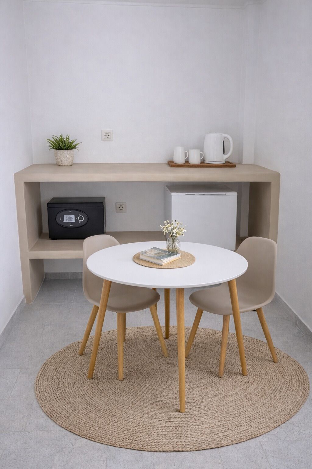 A compact living space with a round table, two chairs, a small potted plant, a white mug, a white coffee pot, and a white refrigerator.