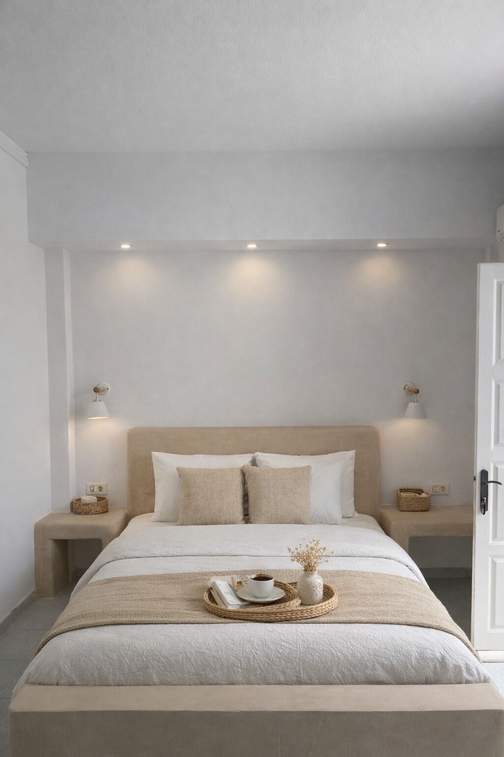 A minimalist bedroom with a bed, bedside tables, and a door.