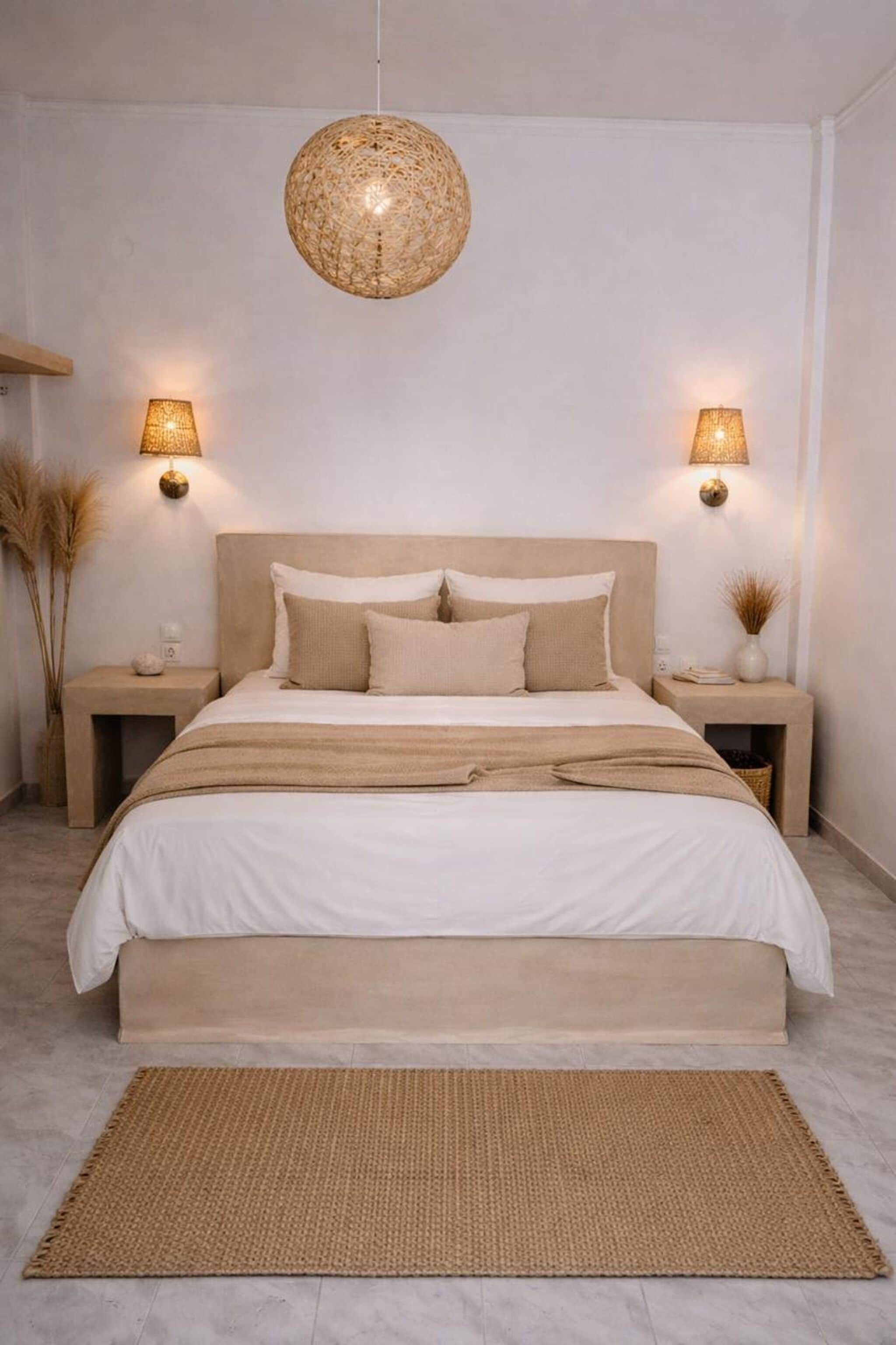 Een slaapkamer met een groot bed, twee nachtkastjes, een hanglamp en een rug met structuur.