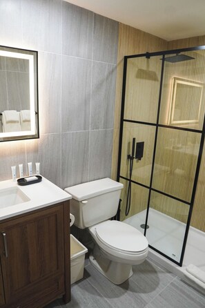 Douche, sèche-cheveux, serviettes fournies, savon
