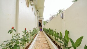 A narrow stone pathway flanked by green plants and white walls, leading to a doorway. - Charming 8-bedroom guesthouse with shared kitchen, only 1 km from the beach. (Banjar)