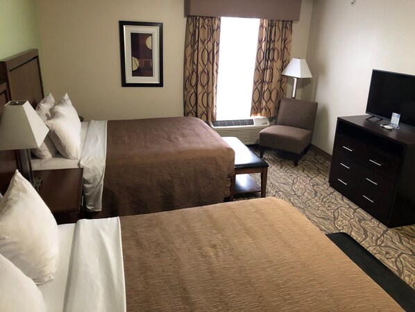 Desk, laptop workspace, blackout curtains, iron/ironing board