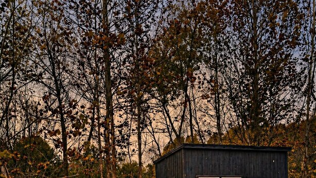 A small cabin with a fire pit and outdoor seating.