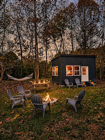 A small cabin with a fire pit and outdoor seating.