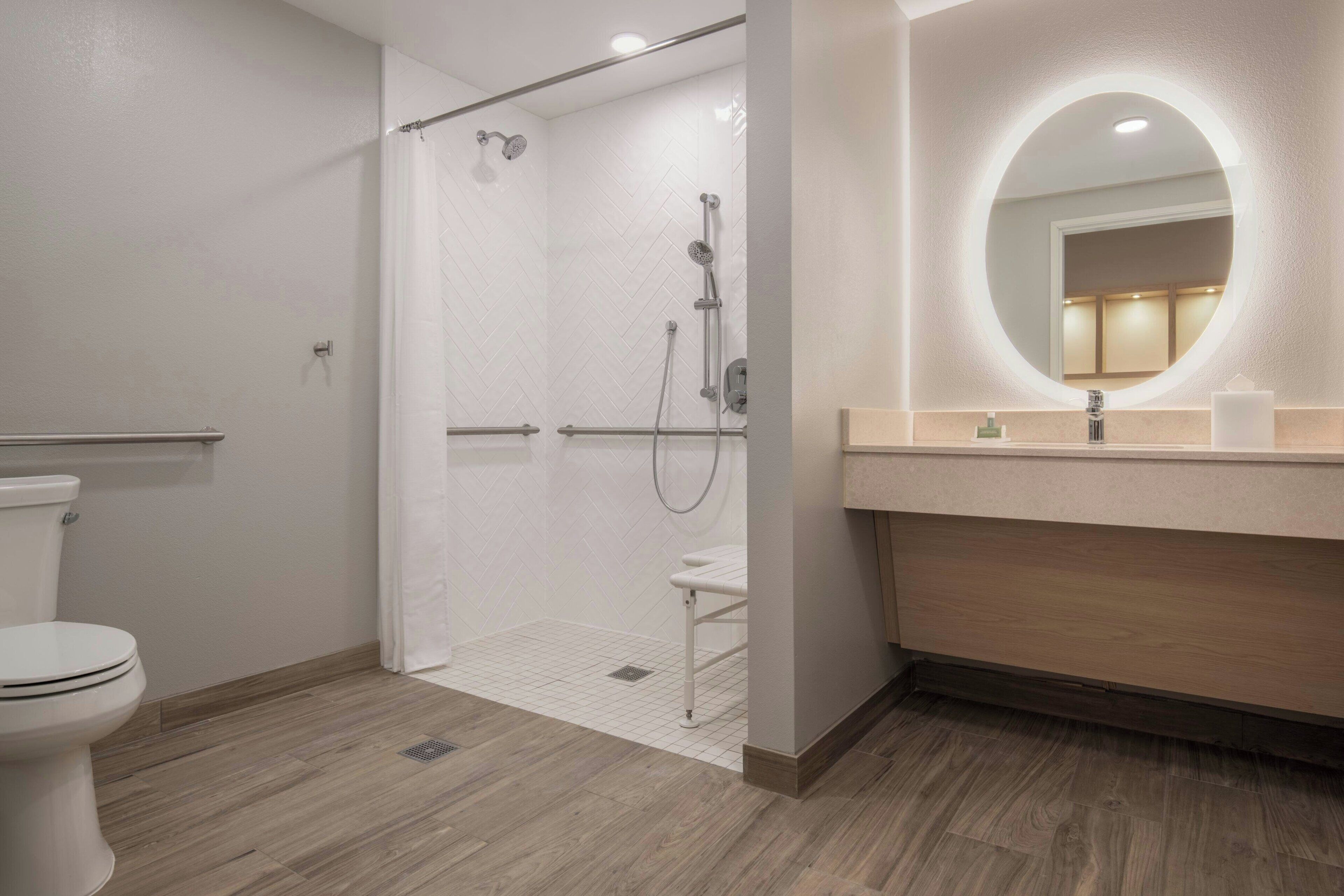 A modern bathroom with a shower, toilet, and vanity with a mirror.