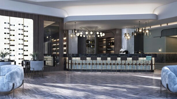 A modern bar area with a curved counter, multiple seating options, and a variety of lighting fixtures. - Le Méridien Toronto Pinnacle Hotel (Toronto)