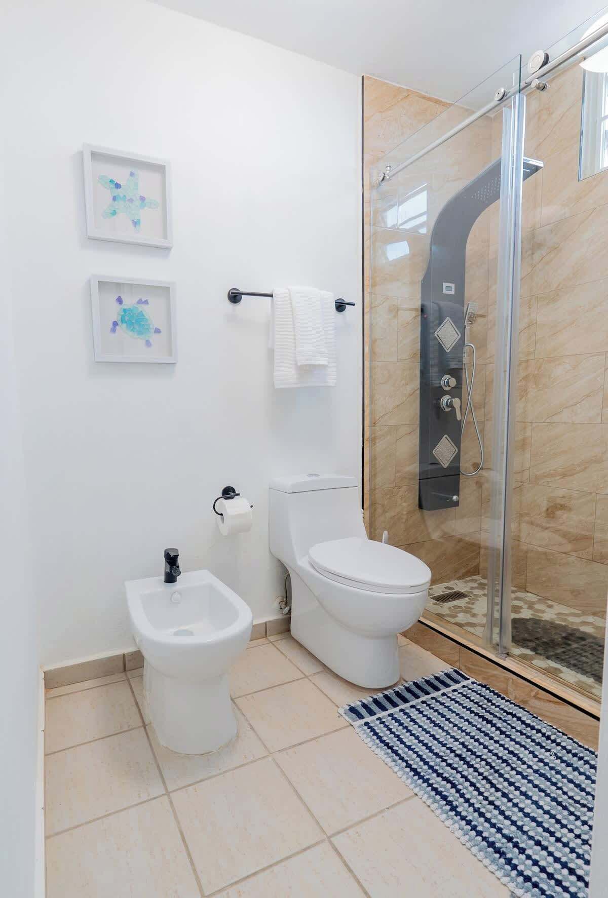 Un baño moderno con bidé, inodoro y ducha con cerramiento de vidrio.