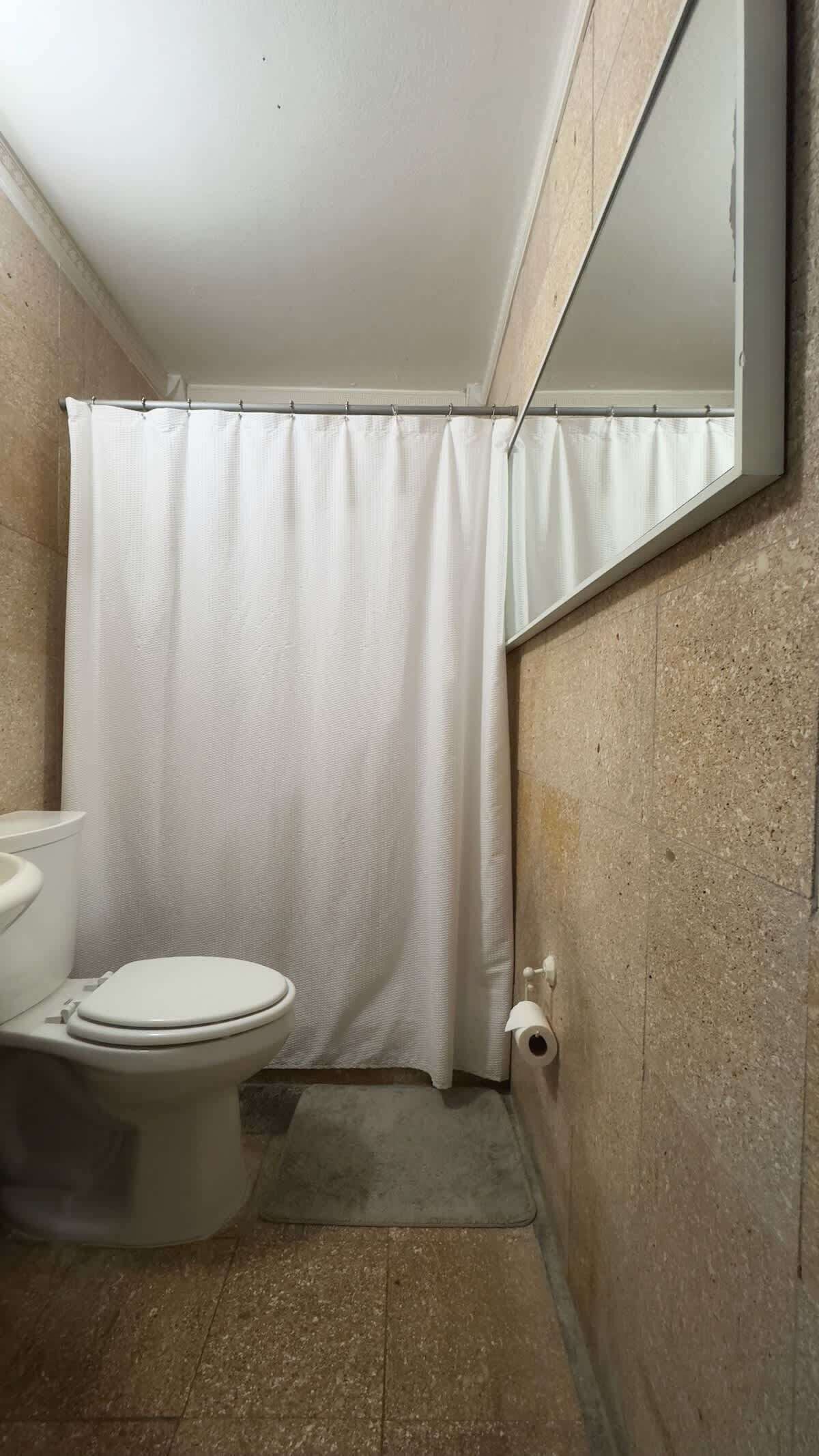 A small bathroom with a toilet, a shower curtain, and a mirror.
