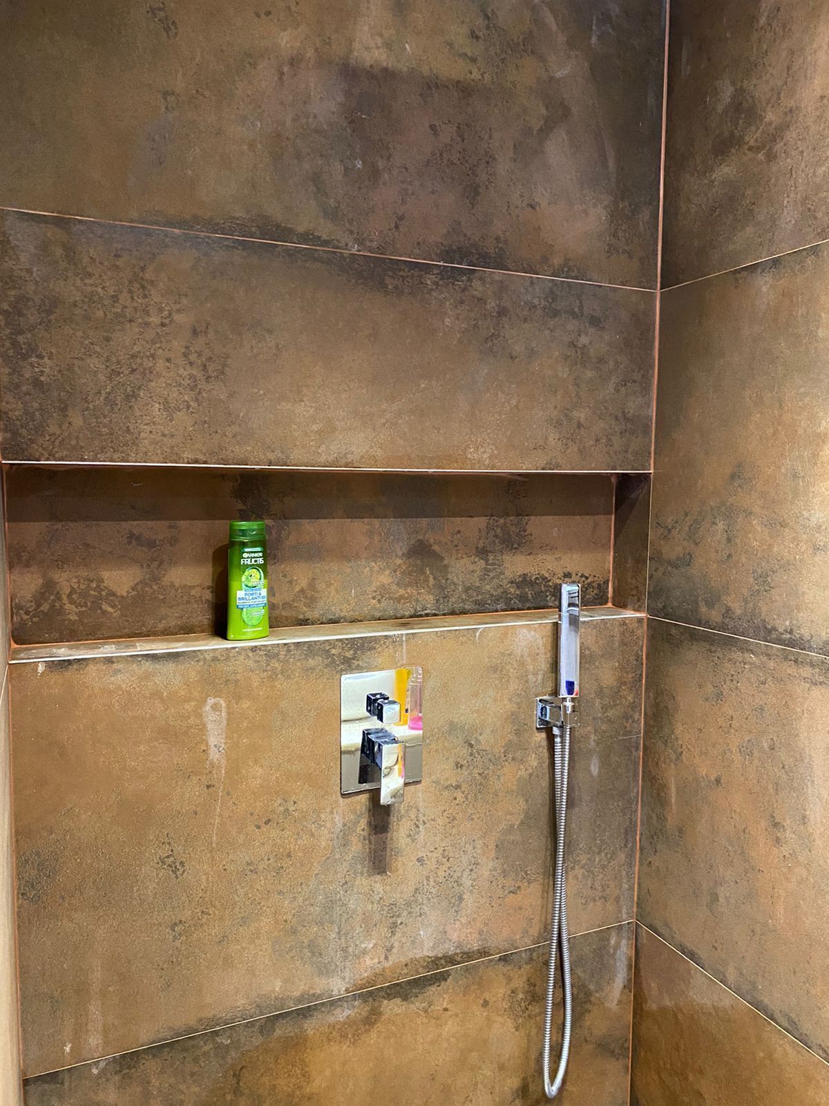 Un espace douche équipé d’un pommeau de douche à main et d’une bouteille de shampoing posée sur une étagère.