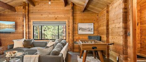 Télévision, cheminée, baby-foot, livres