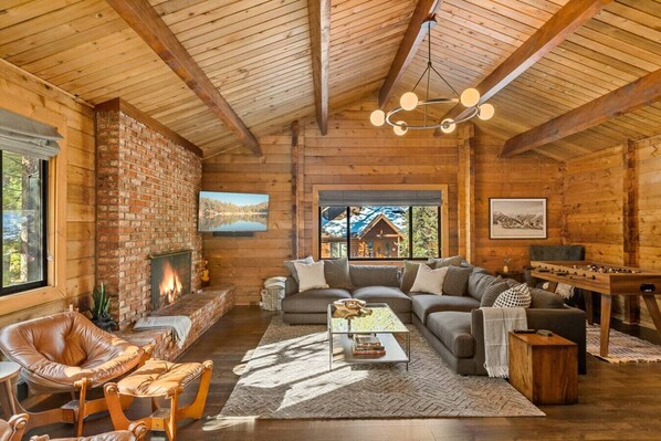 TV, fireplace, table football, books