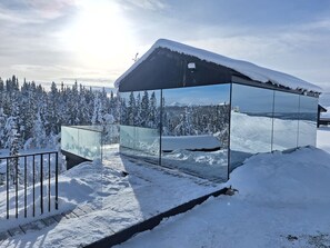 Een moderne glazen constructie met een metalen leuning, omgeven door sneeuwbedekte bomen en een bergachtig landschap.