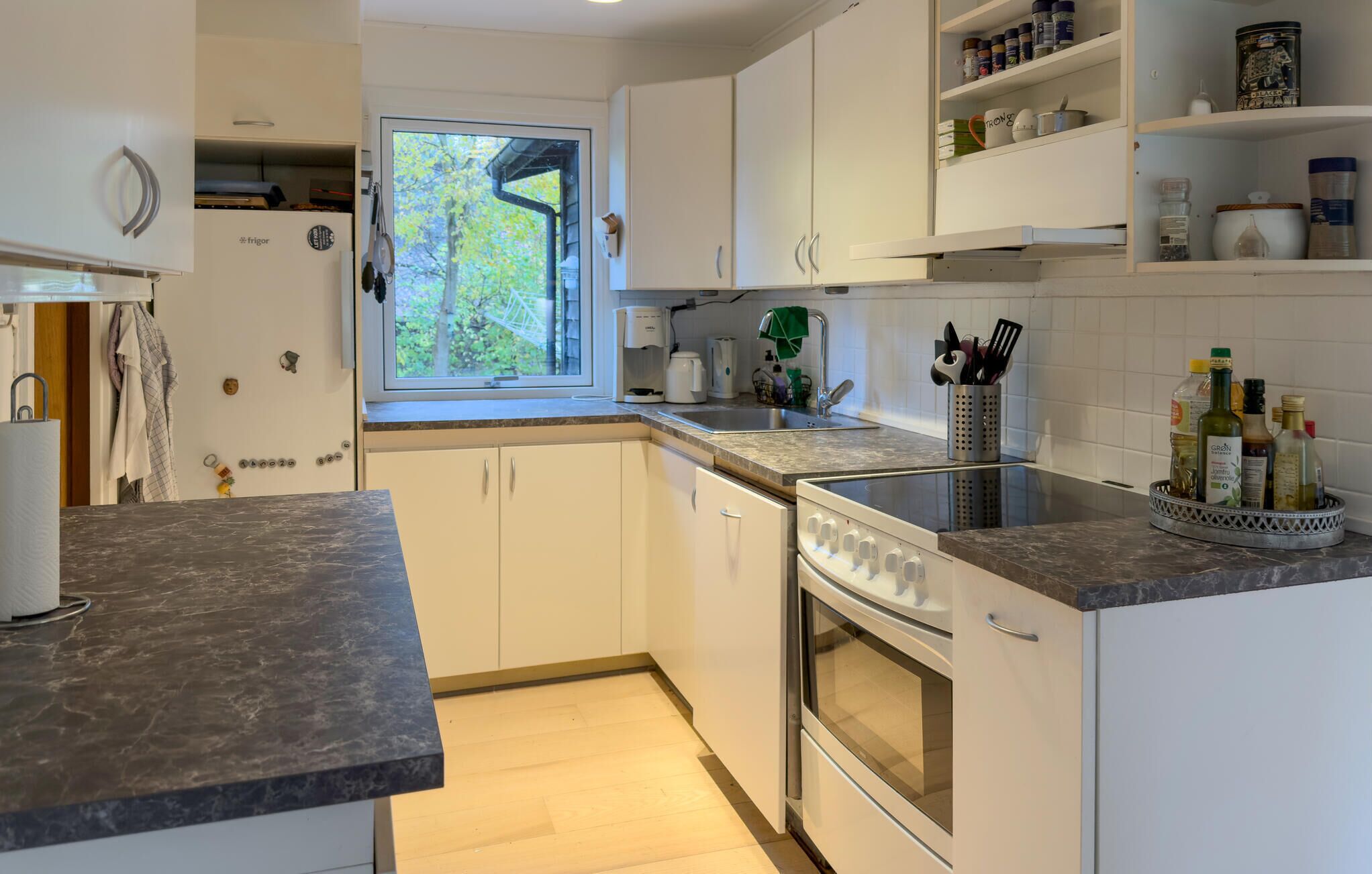 Køleskab, kogeplade, opvaskemaskine, kaffe-/temaskine